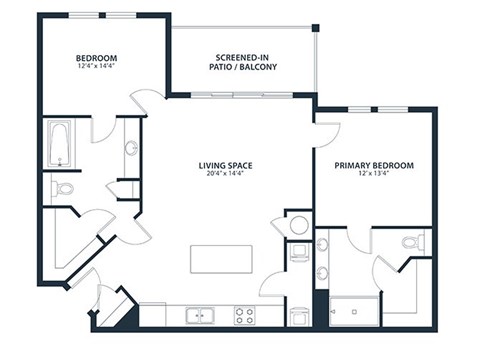 Floor plan for 2 beds, 2 baths, 1144 sqft